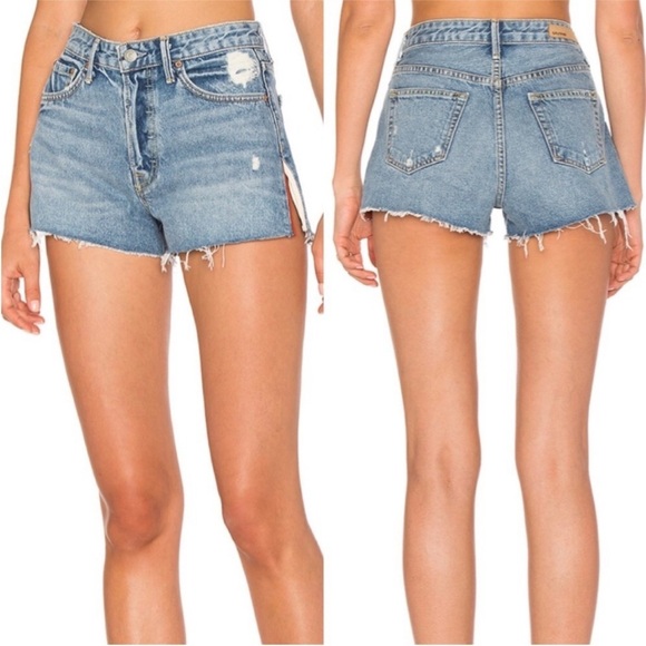 GRLFRND Cindy Button Fly Raw Hem High Rise Cut Off Denim Jean Shorts side slits - Picture 1 of 14